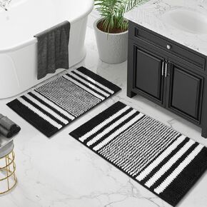 Tindbea Bathroom Rugs Set 2 Piece, Extra Soft and Absorbent Fluffy Striped Chenille Bath Mat Rug Set, Non Slip Bathroom Floor Mat, Machine Washable (20" x 32" Plus 16" x 24", Black) 1