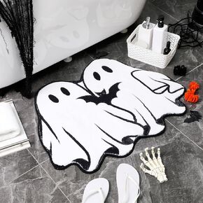 Halloween Bath Rug 31.4 Inch Ghost Bat Pattern Goth Bath Mat Spooky Black White Gothic Bathroom Rug Non Slip Front Door Mat Carpet for Bedroom Home Living Room Kitchen Floor Decor Supplies