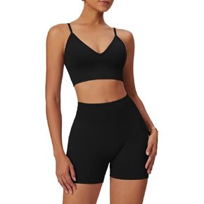 ABOCIW Womens Seamless Workout Sets Deep V Neck Sports Bra Scrunch Butt Lifting Gym Impact Shorts 2 Piece Outfits