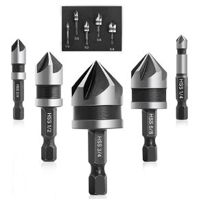 5 Pcs Countersink Drill Bit Set, 82 Degree 5 Flute High-Speed Steel Countersink Drill Bit with 1/4" Hex Shank, 1/4" to 3/4" Size for Machinable Metals, Wood, Carbon Steel, in Aluminum Case