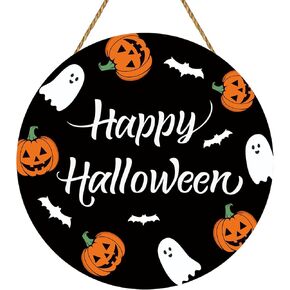 Halloween Door Decorations Happy Halloween Sign Cute Ghost Pumpkin Halloween Decor Wooden Halloween Door Wreath Halloween Door Hanger for Front Door Porch Wall Party Halloween Indoor Home Decor