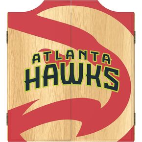 Trademark Global Dart Board Cabinet Set - Atlanta Hawks Fade Dart Board with 6 Steel Tip Darts, Scoreboard, Hanging Wood Cupboard