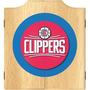 Trademark Global Dart Board Cabinet Set - Los Angeles Clippers Logo Dart Board with 6 Steel Tip Darts, Scoreboard, Hanging Wood Cupboard