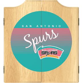 Trademark Global Dart Board Cabinet Set - San Antonio Spurs Hardwood Classics Dart Board with 6 Steel Tip Darts, Scoreboard, Hanging Wood Cupboard