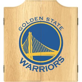 Trademark Global Dart Board Cabinet Set - Golden State Warriors Fade Dart Board with 6 Steel Tip Darts, Scoreboard, Hanging Wood Cupboard