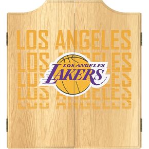 Trademark Global Dart Board Cabinet Set - Los Angeles Lakers City Dart Board with 6 Steel Tip Darts, Scoreboard, Hanging Wood Cupboard