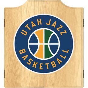 Trademark Global Dart Board Cabinet Set - Utah Jazz Logo Dart Board with 6 Steel Tip Darts, Scoreboard, Hanging Wood Cupboard