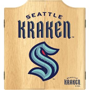 Trademark Global Dart Board Cabinet Set - Seattle Kraken Logo Dart Board with 6 Steel Tip Darts, Scoreboard, Hanging Wood Cupboard