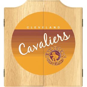 Trademark Global Dart Board Cabinet Set - Cleveland Cavaliers Hardwood Classics Dart Board with 6 Steel Tip Darts, Scoreboard, Hanging Wood Cupboard