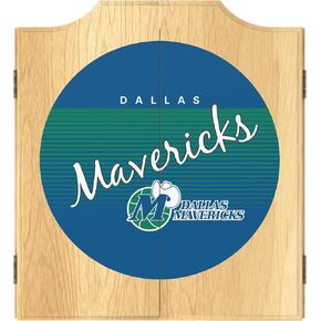 Trademark Global Dart Board Cabinet Set - Dallas Mavericks Hardwood Classics Dart Board with 6 Steel Tip Darts, Scoreboard, Hanging Wood Cupboard