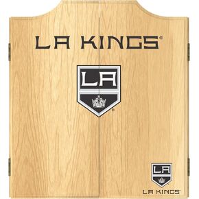 Trademark Global Dart Board Cabinet Set - Los Angeles Kings Logo Dart Board with 6 Steel Tip Darts, Scoreboard, Hanging Wood Cupboard