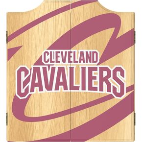 Trademark Global Dart Board Cabinet Set - Cleveland Cavaliers Fade Dart Board with 6 Steel Tip Darts, Scoreboard, Hanging Wood Cupboard