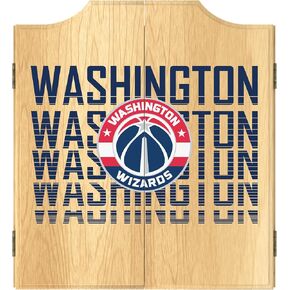 Trademark Global Dart Board Cabinet Set - Washington Wizards City Dart Board with 6 Steel Tip Darts, Scoreboard, Hanging Wood Cupboard
