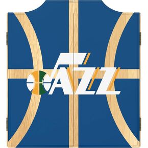 Trademark Global Dart Board Cabinet Set - Utah Jazz Fade Dart Board with 6 Steel Tip Darts, Scoreboard, Hanging Wood Cupboard