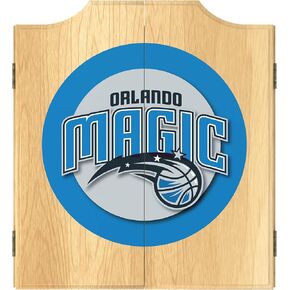 Trademark Global Dart Board Cabinet Set - Orlando Magic Logo Dart Board with 6 Steel Tip Darts, Scoreboard, Hanging Wood Cupboard