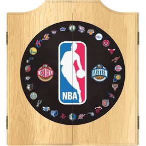 Trademark Global Dart Board Cabinet Set - NBA NBA Logo with All Teams Dart Board with 6 Steel Tip Darts, Scoreboard, Hanging Wood Cupboard