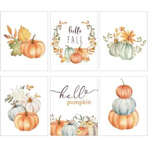 Whaline 6Pcs Fall Wall Art Prints Hello Fall Aesthetic Thanksgiving Paper Posters Watercolor Pumpkin Maple Leaves for Autumn Harvest Farmhouse Home Office School Gallery, 8 x 10 Inch (Unframed)