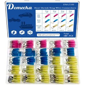 180PCS Heat Shrink Ring Connector Kit,Marine Grade Heat Shrink Ring Connectors, Heat Shrink Wire Connectors Tinned Red Copper Gauge Insulated Ring Crimp Terminals