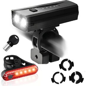 Anti-Theft Bike Lights (Front & Back/Rear Set), USB Rechargeable Bicycle Headlight & Taillight for Night Riding, Super Bright, Waterproof, Works with All Bikes, E-Bikes, Scooters, USA Brand and Design