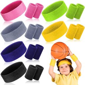 Hungdao 6 Set Kid Sweatband Headband Wristband Set Colorful Athletic Sweat Band Tennis Wristband Sweat Absorbing Head Band for Girl Boy Women Men Sports Basketball Workout