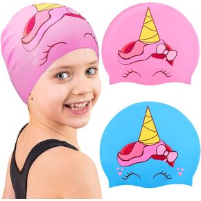 2 pcs Swimming Cap for Kids,Kids Swim Caps,Waterproof Bathing Caps for Boys Girls (Age 3-12),Silicone Kids Swim Cap for Long and Short Hair to Keep Hair Dry
