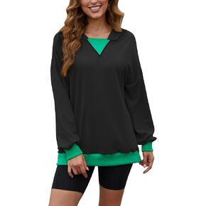 Womens Casual Crewneck Color Block Oversized Sweatshirt Hoodies Long Sleeve Pullover Tunic Tops Outfits Hooded