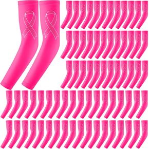 Zhehao 36 Pairs Breast Cancer Awareness Sleeves with Ribbon Compression Arm Sleeves for Men Women Charity Sport