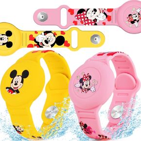 2 Pack AirTag Bracelet for Kids, Waterproof Cute Cartoon Air tag Holder with Wristband Design, Full Coverage Anti-Lost Silicone Airtag Hidden Accessories for Child, Healthy Material Blue + Yellow