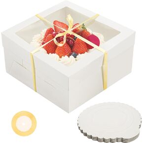 10 Pack White Cake Boxes with Window 12x12x6 Inches with 10 Pack Round Cake Boards and 1 Roll of Ribbon Cajas Pasteles for Cakes Perfect for Any Occasion
