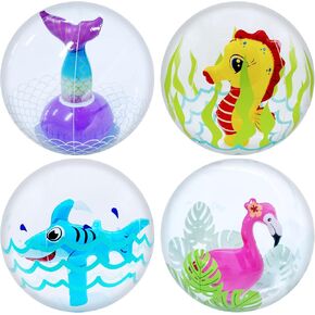 4E's Novelty 3D Beach Balls - 4 Pack 13" Inflatable Pool Toys, Flamingo, Mermaid, Shark, Sea Horse Unique Pool Ball, Ocean Under The Sea Party Decorations for Kids Toddlers Adult
