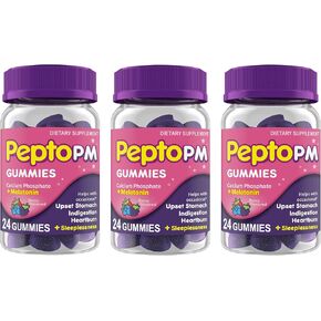 Pepto PM Gummies with Melatonin for Sleep Support, Fast and Effective Digestive Relief from Heartburn, Indigestion, Upset Stomach and Sleeplessness - Berry Flavor, 24 Ct (Pack of 3)
