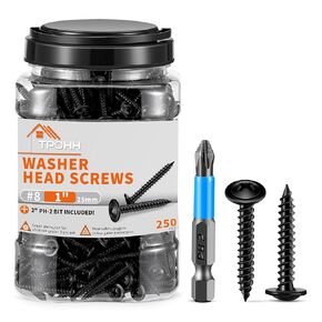 250 PCS Black Round Washer Head Wood Screws, 8 x 1 inch Self-Tapping Hardened Steel Multipurpose Screws, Oxide Coated for Corrosion Resistance, Ideal for Wood, Metal, and Plastic by TPOHH