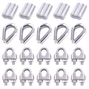 Glarks 24Pcs M8 Wire Rope Cable Clip Clamp with Cable Thimbles Combo and Aluminum Crimping Loop Sleeve Set for Wire Rope Cable Thimbles Rigging