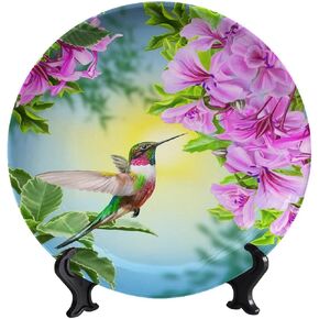 Floral Decorative Ceramic Plates, 8 Inch, Bird Hummingbird with Pink Flowers, Round Display Plate, Hanging Decorative Plate with Display Stand, for Display Living Room Kitchen Closet Table Decor