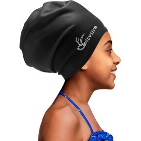 Extra Large Swim Cap for Kids Black Girls Aged 4 to 16 with Long Hair Braids Dreadlocks, Waterproof Silicone Swimming Hat Turban Hair Protection for Boys Toddler Children Youth