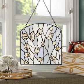 YOURANJU Stained Glass Window Hanging Handicraft 12" Tiffany Plant Style Milky White Flower Windows Suncatcher Square Glass Window Panel Perfect Window Hangings Housewarming Gift (With Chain Hook)