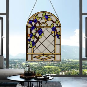 YOURANJU Stained Glass Window Hanging Crafts Tiffany Style White Blue Plum Blossom Rectangular Glass Window Panel 16"X11" Window Suncatcher Perfect Window Hangings Housewarming Gift (With Chain Hook)