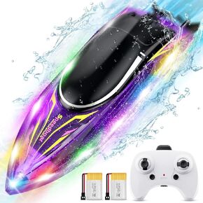 قارب RC للأطفال والكبار قارب التحكم عن بعد مع ضوء LED للبحيرة وحمام السباحة هدايا للأولاد والبنات 2.4 جيجا هرتز RC قوارب كهربائية مع بطاريتين قابلتين للشحن