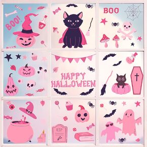Halloween Window Decorations 75 Pcs Boo Halloween Window Clings 9 Sheets Pink Halloween Window Decals Cute Pumpkin Cats Halloween Window Stickers for Kids Party Baby Shower