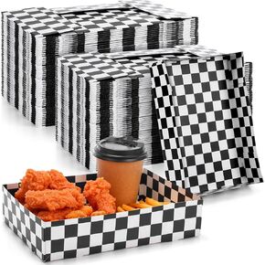 Norme 100 Pcs Large Black Checkered Cardboard Food Trays 10.24 x 7.09 x 2.36'' 4 Corner Paperboard Food Box Paper Snack Trays Black and White Disposable Food Holder for Popcorn Nacho Theater Carnival