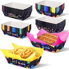 100 Pcs Neon Glow Paper Food Tray Bulk Include 50 Pcs Neon Party Paper Food Snack Trays and 50 Sheets Glow in Dark Paper for Glow Neon Colorful Graffiti Party Decoration Favors