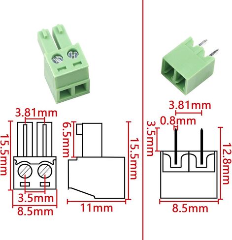مقبس توصيل كتلة طرفية، 20 قطعة 300 فولت 8 أمبير 2 دبوس 3.81 مم تباعد PCB مجموعة كتل طرفية عالمية موصلات كهربائية in Saudi Arabia