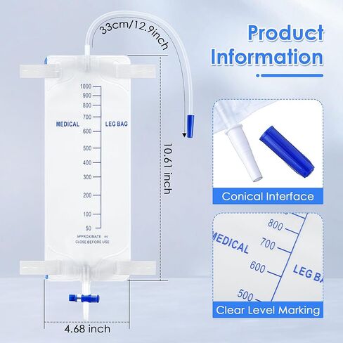 5 عبوات من أكياس الساق سعة 1000 مل، حقيبة تصريف بولية مع أشرطة قماشية، حقيبة تجميع البول مع صمام مضاد للارتجاع، أكياس بول لقسطرة الساق مع أنبوب سيليكون مقاس 14 بوصة، حقيبة ساق بولية للرجال والنساء in Kuwait