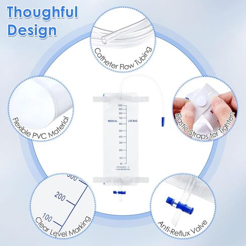 5 عبوات من أكياس الساق سعة 1000 مل، حقيبة تصريف بولية مع أشرطة قماشية، حقيبة تجميع البول مع صمام مضاد للارتجاع، أكياس بول لقسطرة الساق مع أنبوب سيليكون مقاس 14 بوصة، حقيبة ساق بولية للرجال والنساء in Kuwait