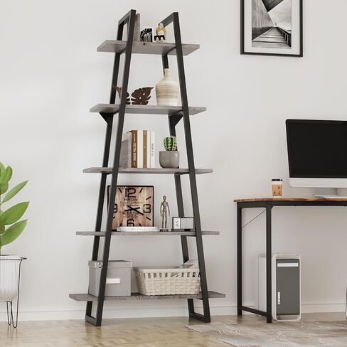 5-Tier Rustic Industrial Wood Bookshelf, Tall Open Etagere Ladder Bookcase, Standing Display Shelves for Home Living Room, Bedroom, and Office Storage, Dark Grey Wood Grain in Saudi Arabia