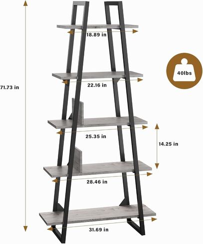 5-Tier Rustic Industrial Wood Bookshelf, Tall Open Etagere Ladder Bookcase, Standing Display Shelves for Home Living Room, Bedroom, and Office Storage, Dark Grey Wood Grain in Saudi Arabia