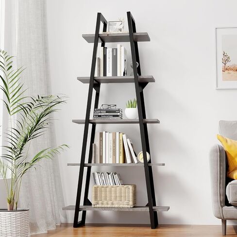 5-Tier Rustic Industrial Wood Bookshelf, Tall Open Etagere Ladder Bookcase, Standing Display Shelves for Home Living Room, Bedroom, and Office Storage, Dark Grey Wood Grain in Saudi Arabia