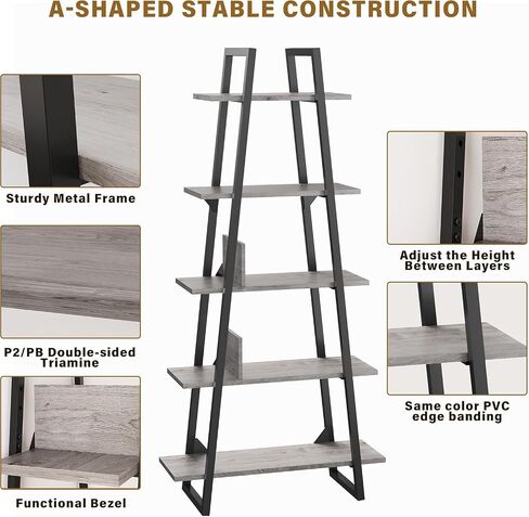 5-Tier Rustic Industrial Wood Bookshelf, Tall Open Etagere Ladder Bookcase, Standing Display Shelves for Home Living Room, Bedroom, and Office Storage, Dark Grey Wood Grain in Saudi Arabia