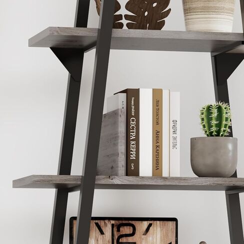 5-Tier Rustic Industrial Wood Bookshelf, Tall Open Etagere Ladder Bookcase, Standing Display Shelves for Home Living Room, Bedroom, and Office Storage, Dark Grey Wood Grain in Saudi Arabia
