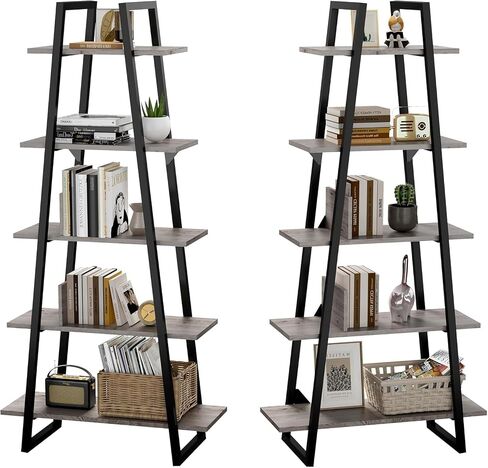 5-Tier Rustic Industrial Wood Bookshelf, Tall Open Etagere Ladder Bookcase, Standing Display Shelves for Home Living Room, Bedroom, and Office Storage, Dark Grey Wood Grain in Saudi Arabia